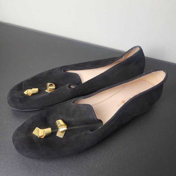 Stuart Weitzman Womens Size 6M Black Velvet Loafers Flats Slip On Gold Accents - Picture 1 of 8